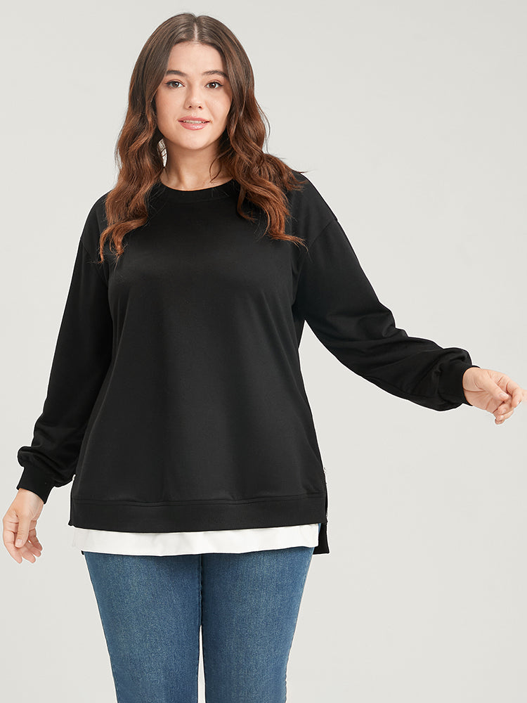 Solid Contrast Zipper Side Lantern Sleeve Sweatshirt