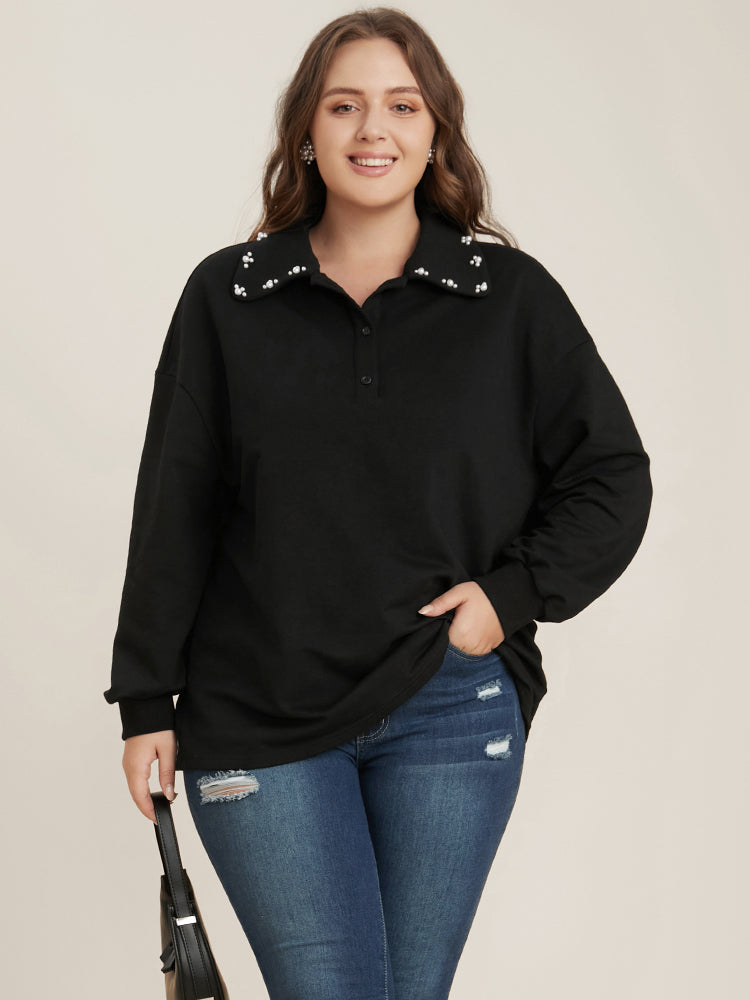 Solid Button Up Pearl Beaded Polo Neck Sweatshirt