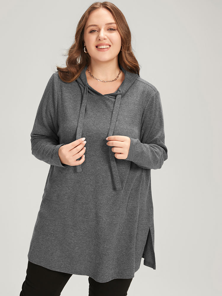 Solid Drawstring Split Hem Hooded Sweatshirt