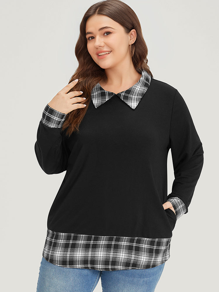 Plaid Patchwork Shirt Collar Arc Hem Sweatshirt