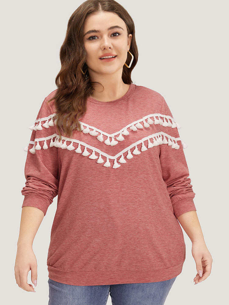 plain Heather Crew Neck Tassel Trim Sweatshirt