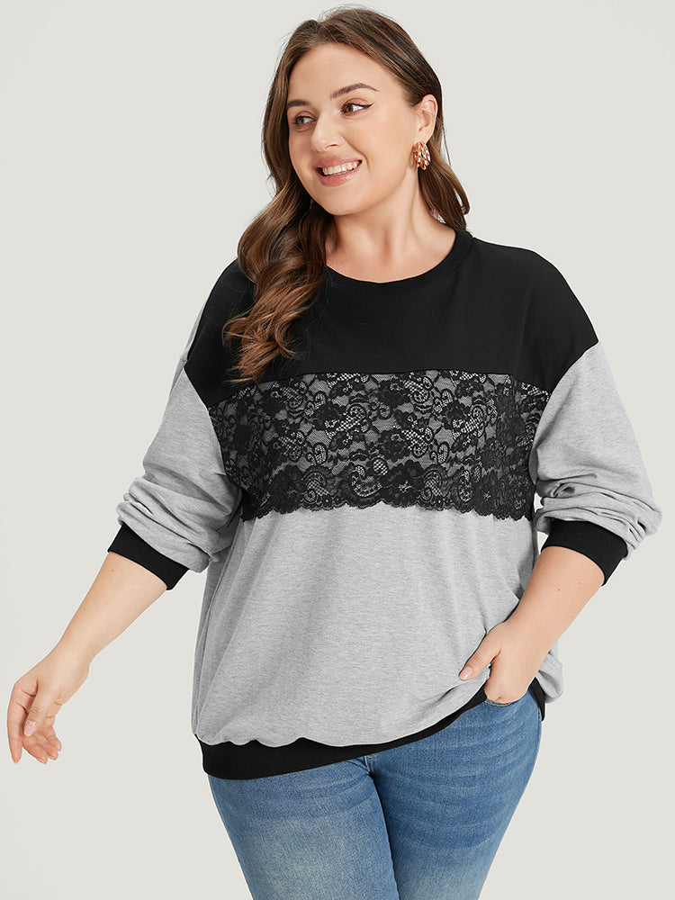 Contrast Lace Patchwork Round Neck Sweatshirt