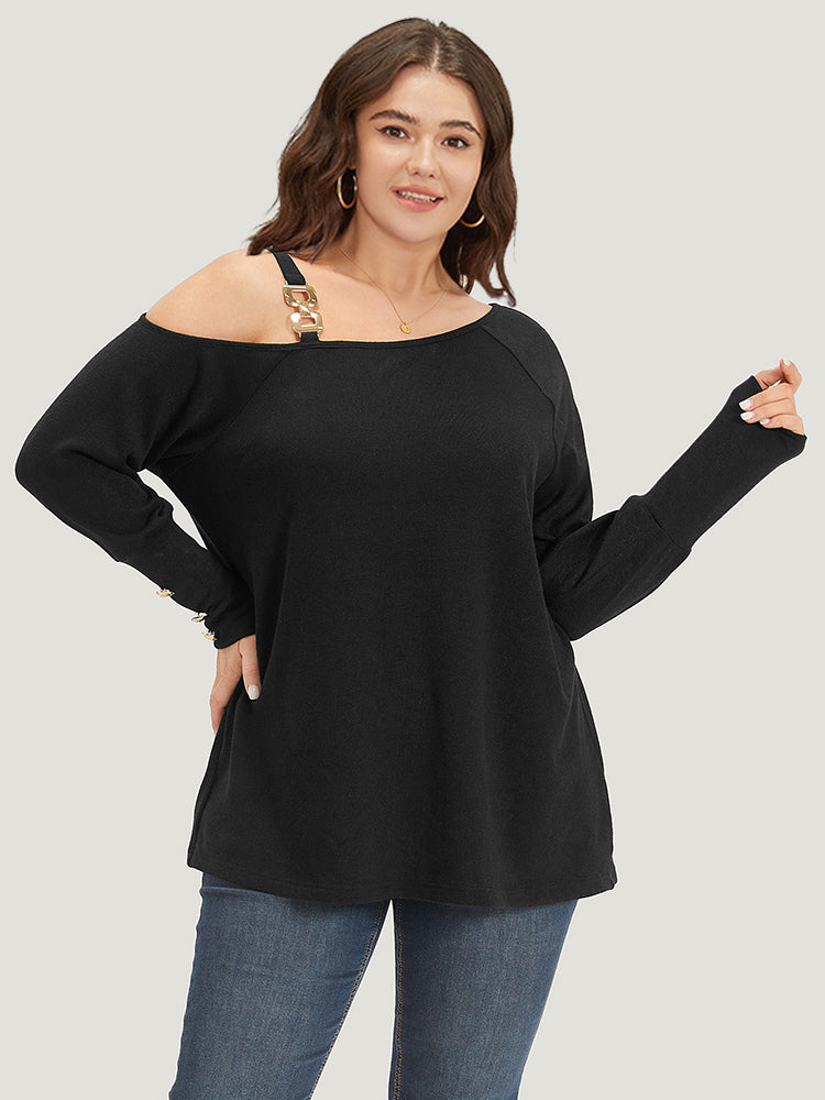 Plain One Shoulder Button Metal Detail Sweatshirt