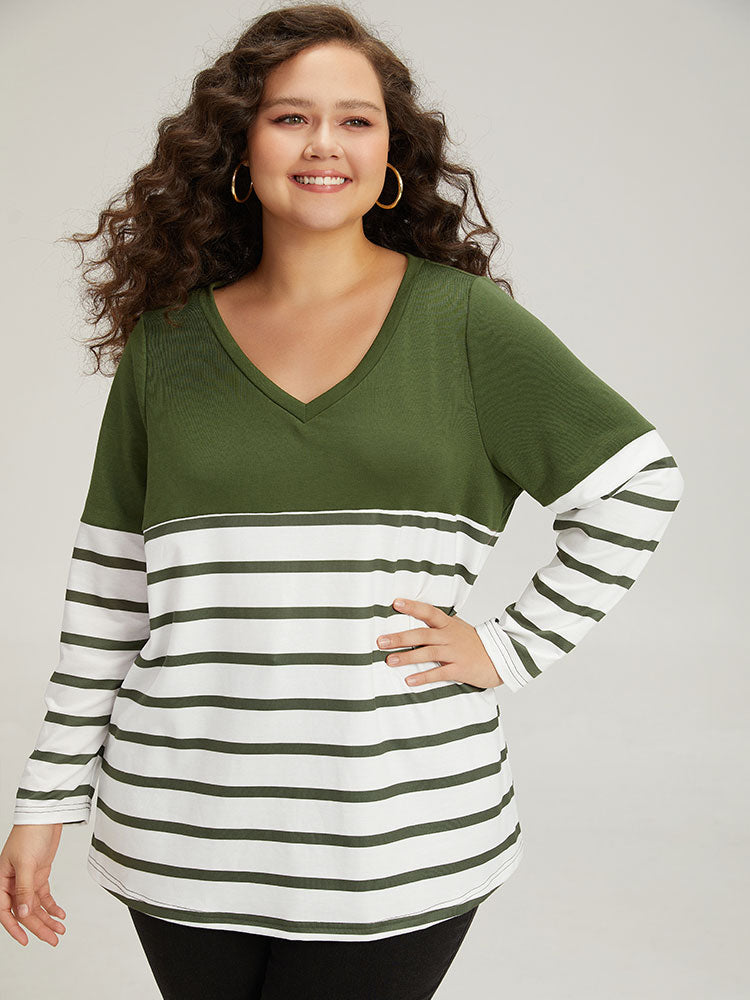 Striped Patchwork Contrast V Neck Sweatshirt