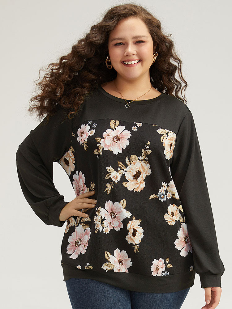 Floral Print Patchwork Round Neck Sweatshirt