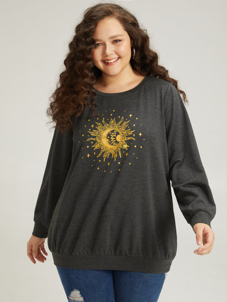 Moon and Star Print Crew Neck Elastic Cuffs Sweatshirt