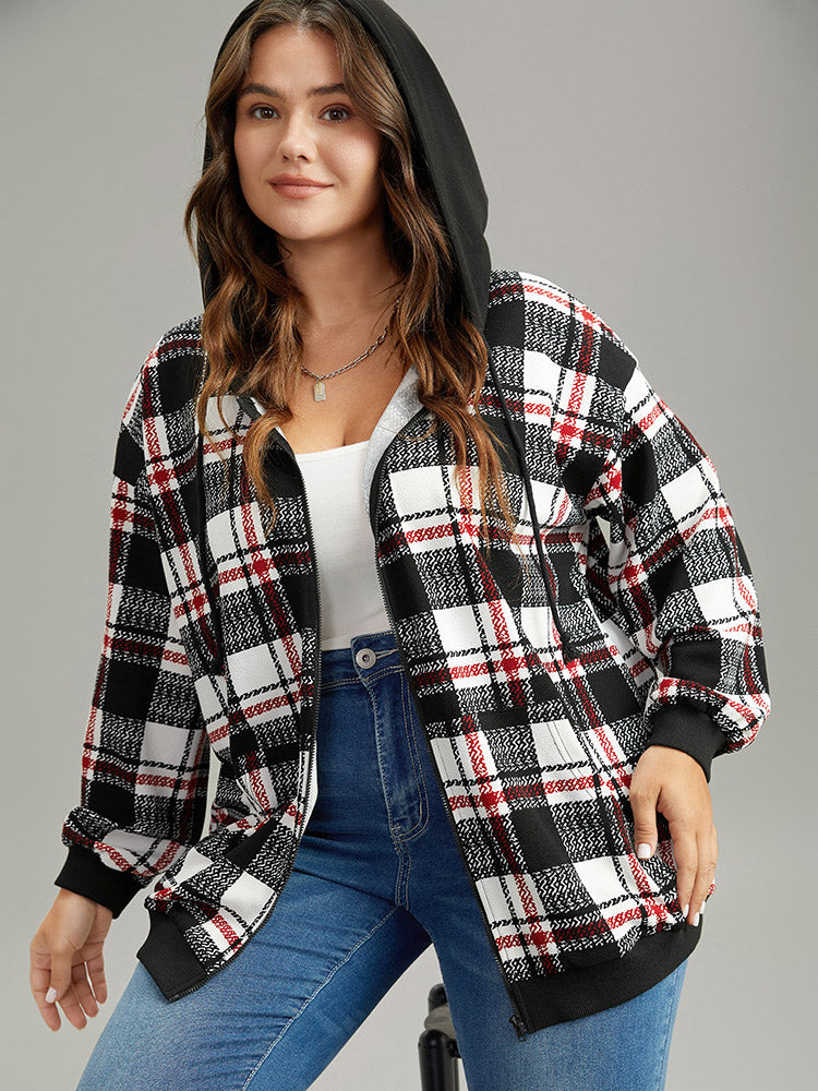 Plaid Hooded Drawstring Zipper Sweatshirt