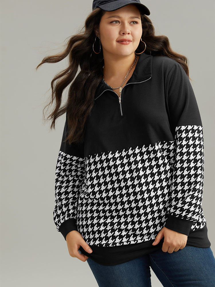 Houndstooth Patchwork Half Zip Sweatshirt