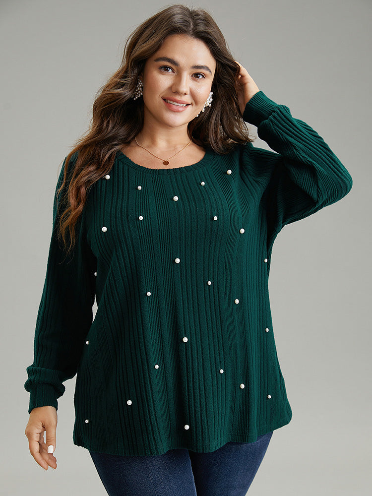 Plain Rib Knit Pearl Beaded Sweatshirt