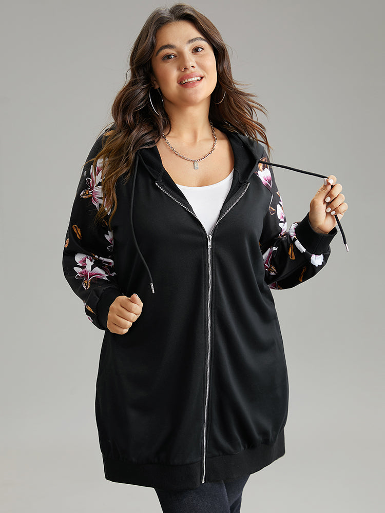 Floral Zipper Hooded Patchwork Raglan Sleeve Sweatshirt