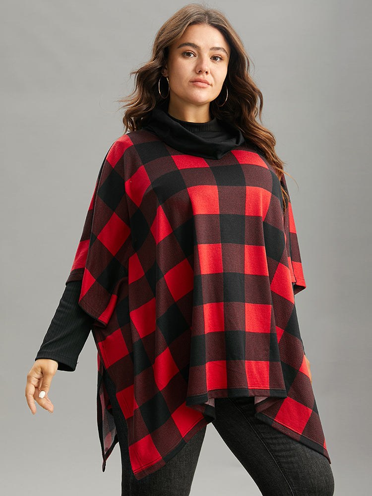 Plaid Cowl Neck Dolman Sleeve Asymmetrical Hem Sweatshirt