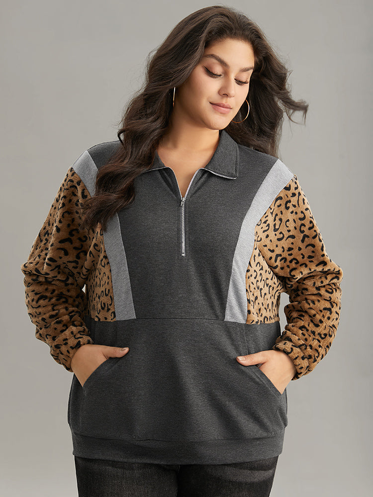 Leopard Patchwork Contrast Half Zip Dolman Sleeve Sweatshirt