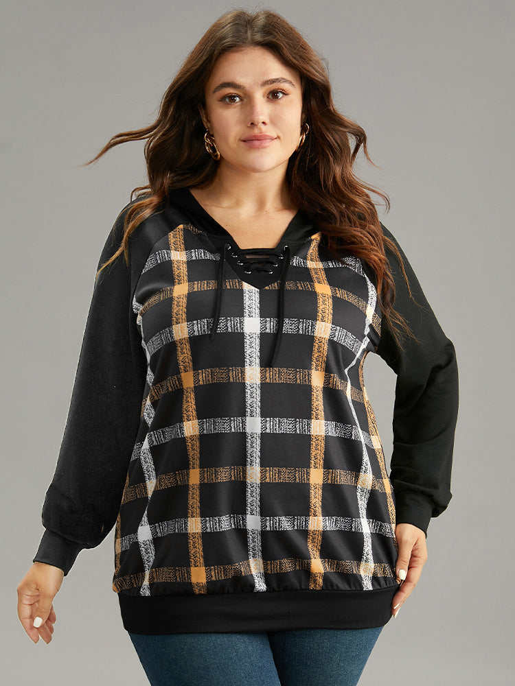 Plaid Contrast Raglan Sleeve Lace Up Hooded Sweatshirt