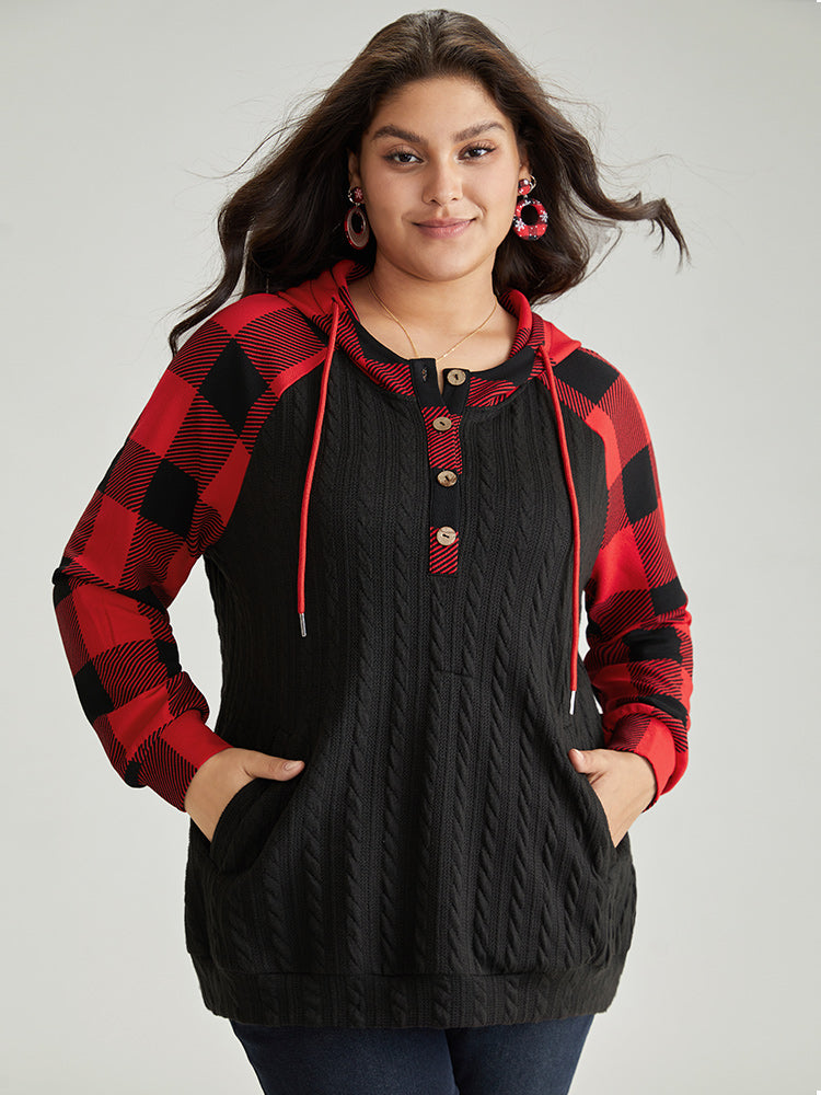 Plaid Texture Contrast Hooded Raglan Sleeve Sweatshirt