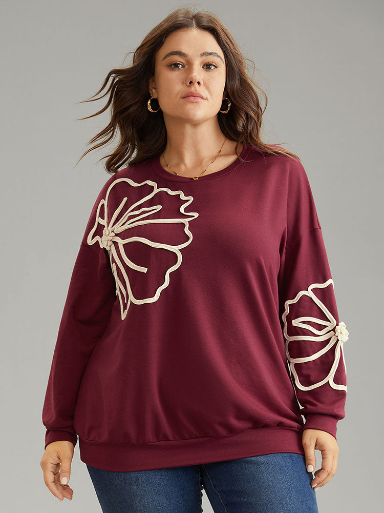 3D Floral Applique Drop Shoulder Sweatshirt