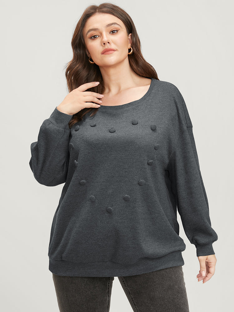 Solid Button Detail Round Neck Waffle Knit Sweatshirt