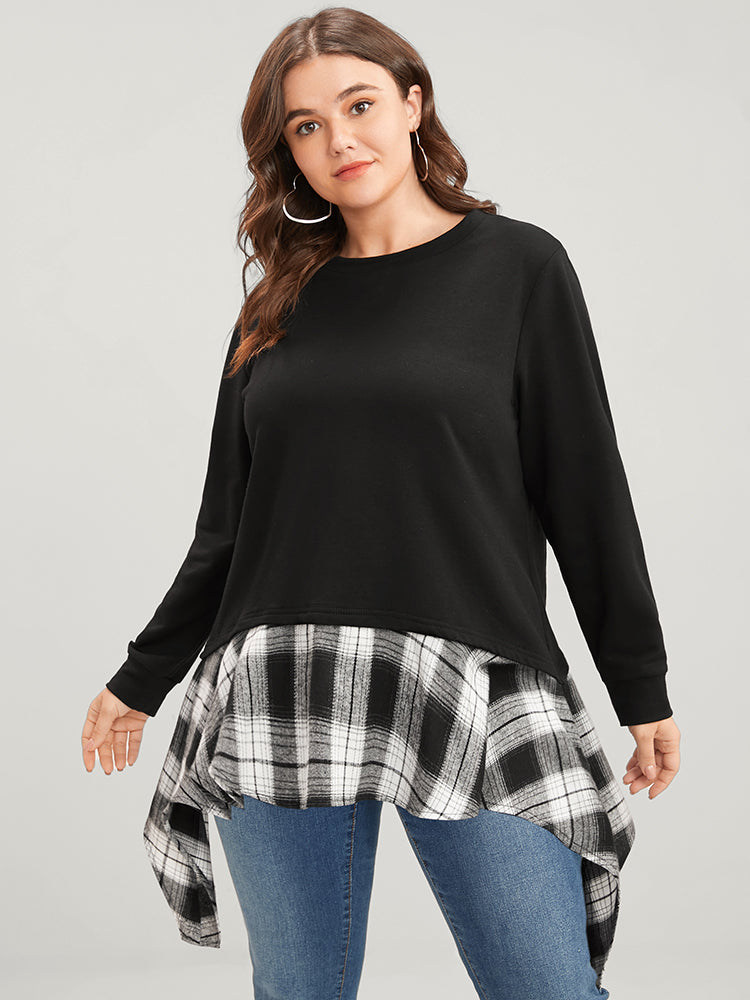 Tartan Patchwork Round Neck Asymmetrical Hem Sweatshirt