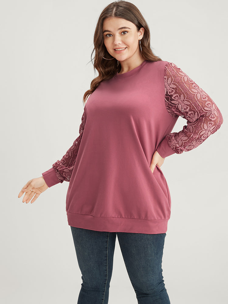 Solid Lace Patchwork Round Neck Sweatshirt