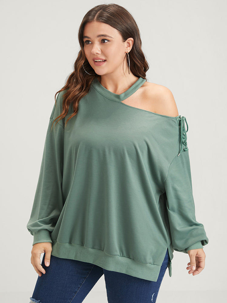 Plain Lace Up Asymmetrical One Shoulder Sweatshirt