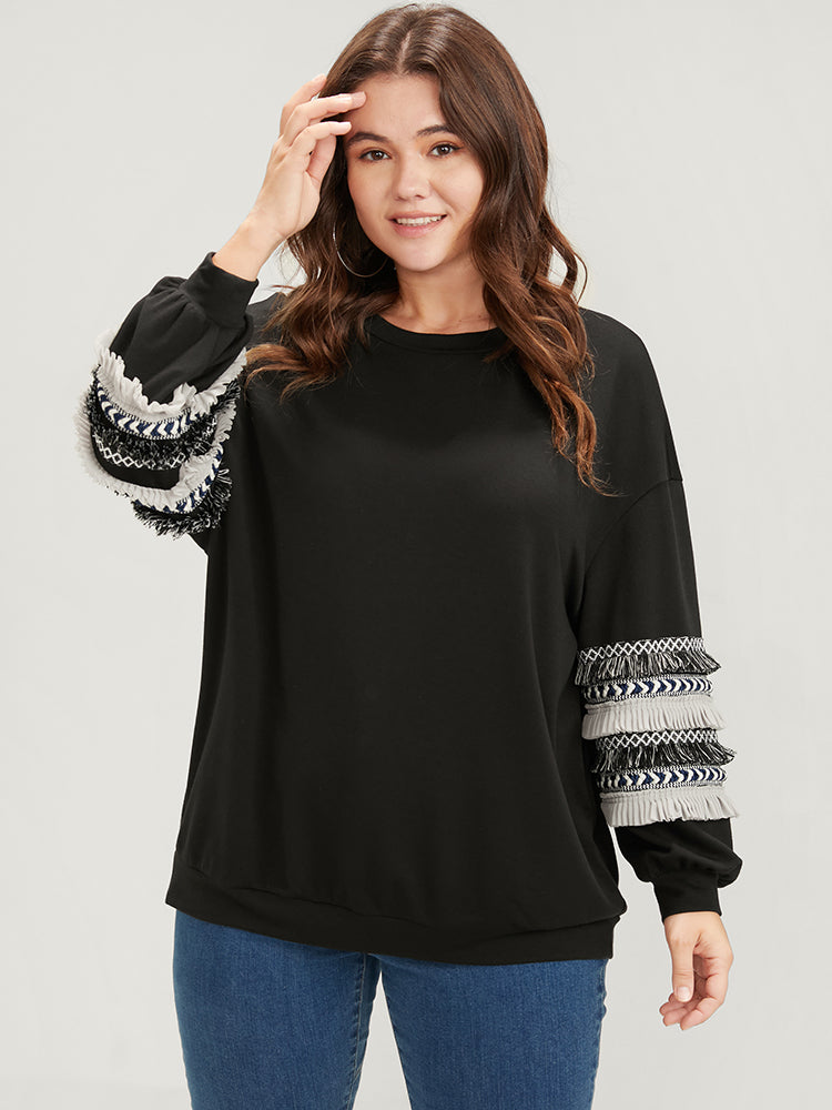 Plain Geometric Tape Fringe Trim Drop Shoulder Sweatshirt