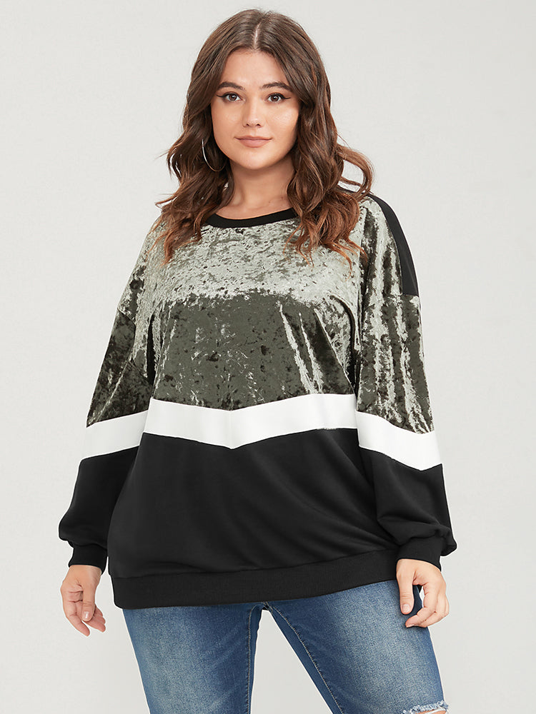 Colorblock Contrast Velvet Patchwork Drop Shoulder Sweatshirt