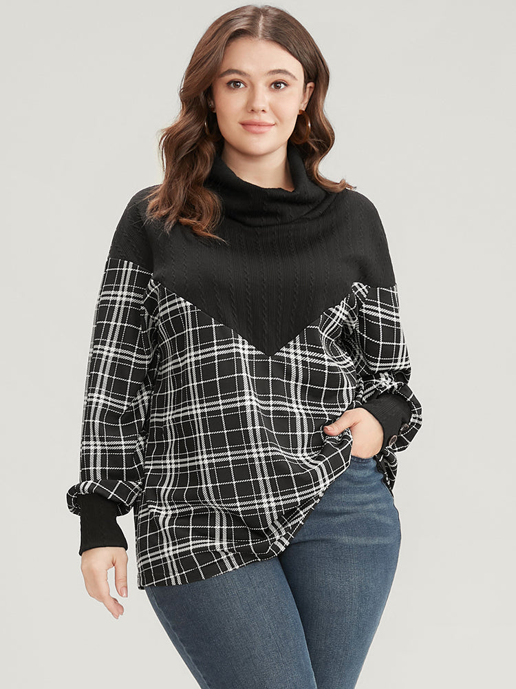 Plaid Patchwork Button Detail Funnel Neck Sweatshirt