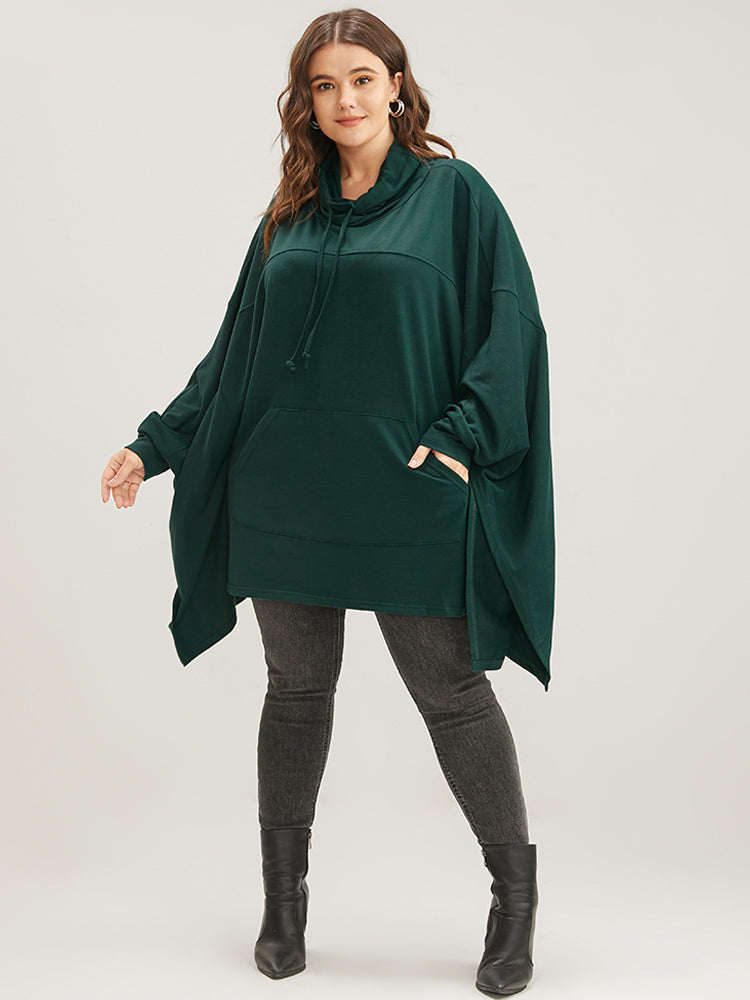 Solid Pocket Dolman Sleeve Drawstring Sweatshirt