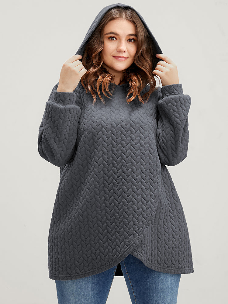 Solid Asymmetrical Hem Cable Knit Hooded Sweatshirt