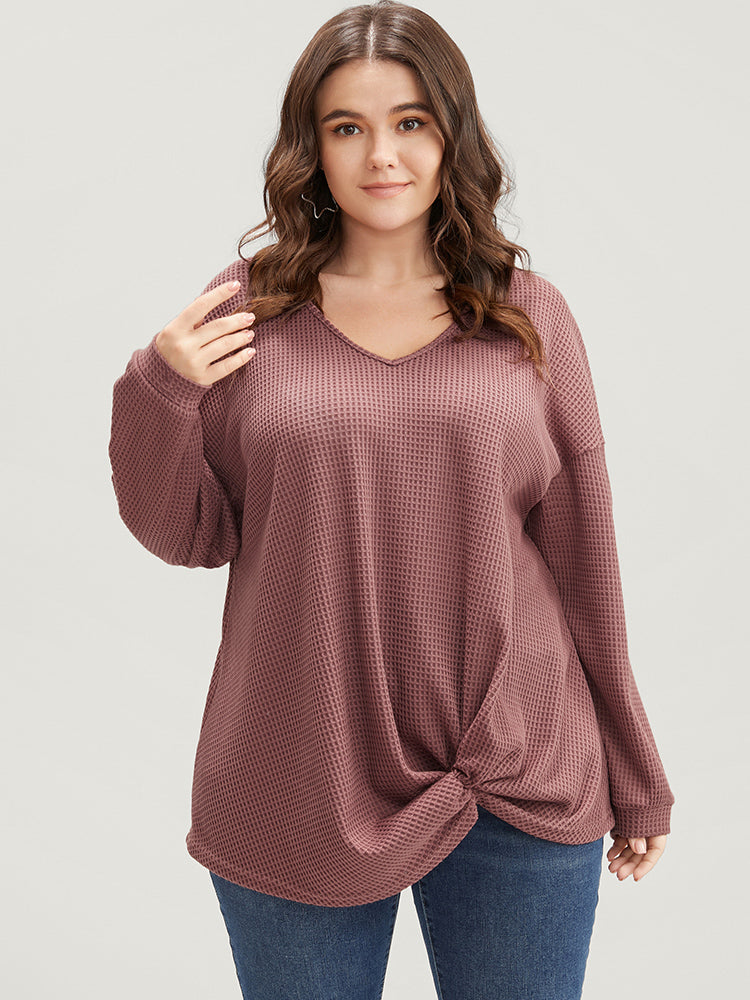 Solid V Neck Twist Front Waffle Knit Sweatshirt