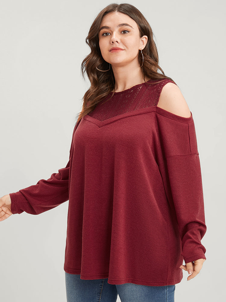 Solid Lace Mesh Cold Shoulder Sweatshirt