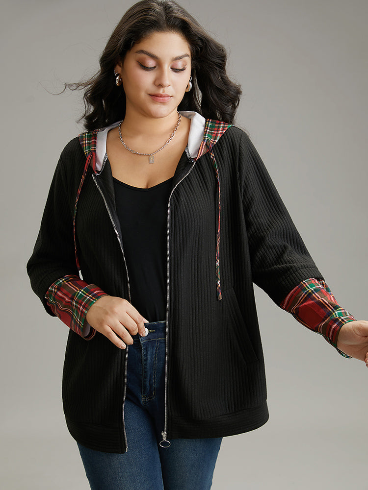 Christmas Plaid Patchwork Hooded Zipper Sweatshirt