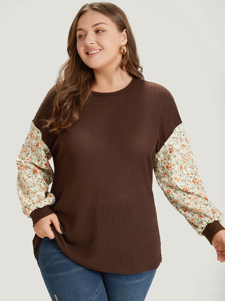 Ditsy Floral Patchwork Lantern Sleeve Waffle Knit Sweatshirt