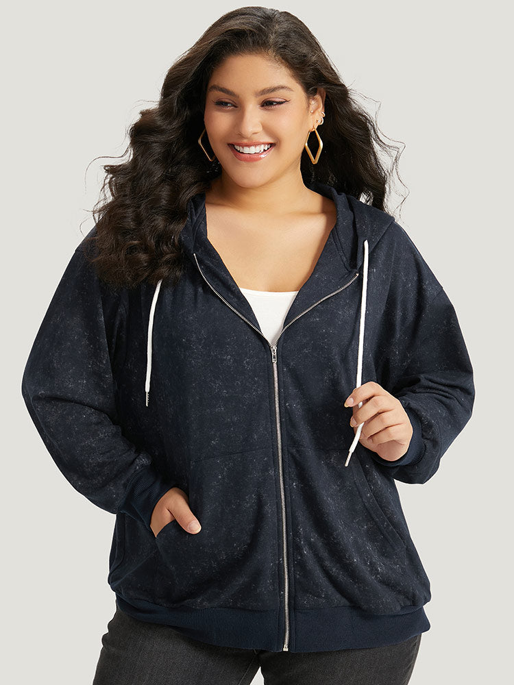 Heather Hooded Drawstring Pocket Zipper Fly Sweatshirt