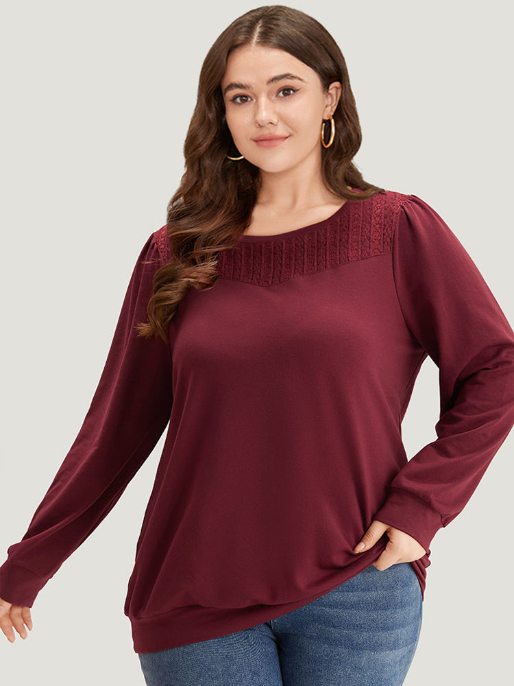 Plain Eyelet Lace Crew Neck Sweatshirt