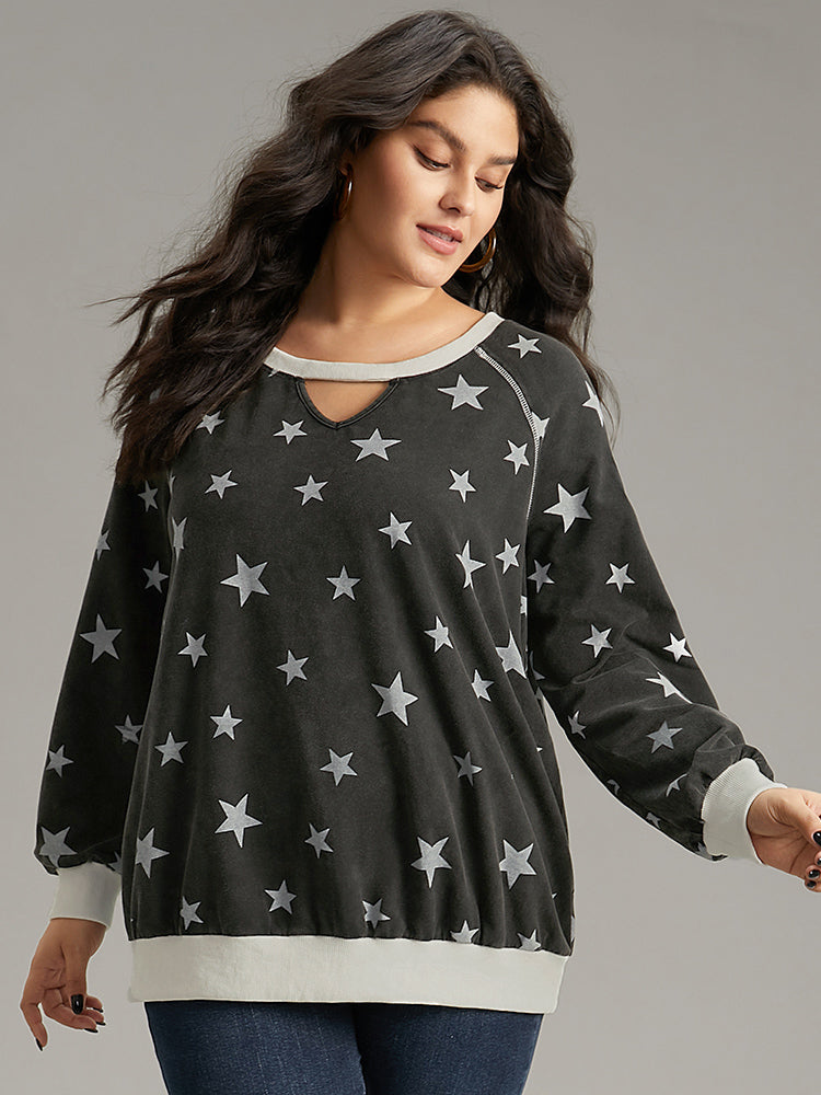 Star Print Keyhole Rib Knit Hem Sweatshirt