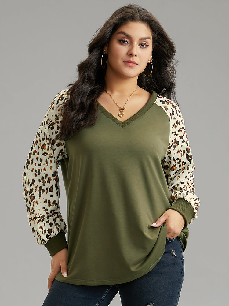 Leopard Print Raglan Sleeve Elastic Cuffs Sweatshirt