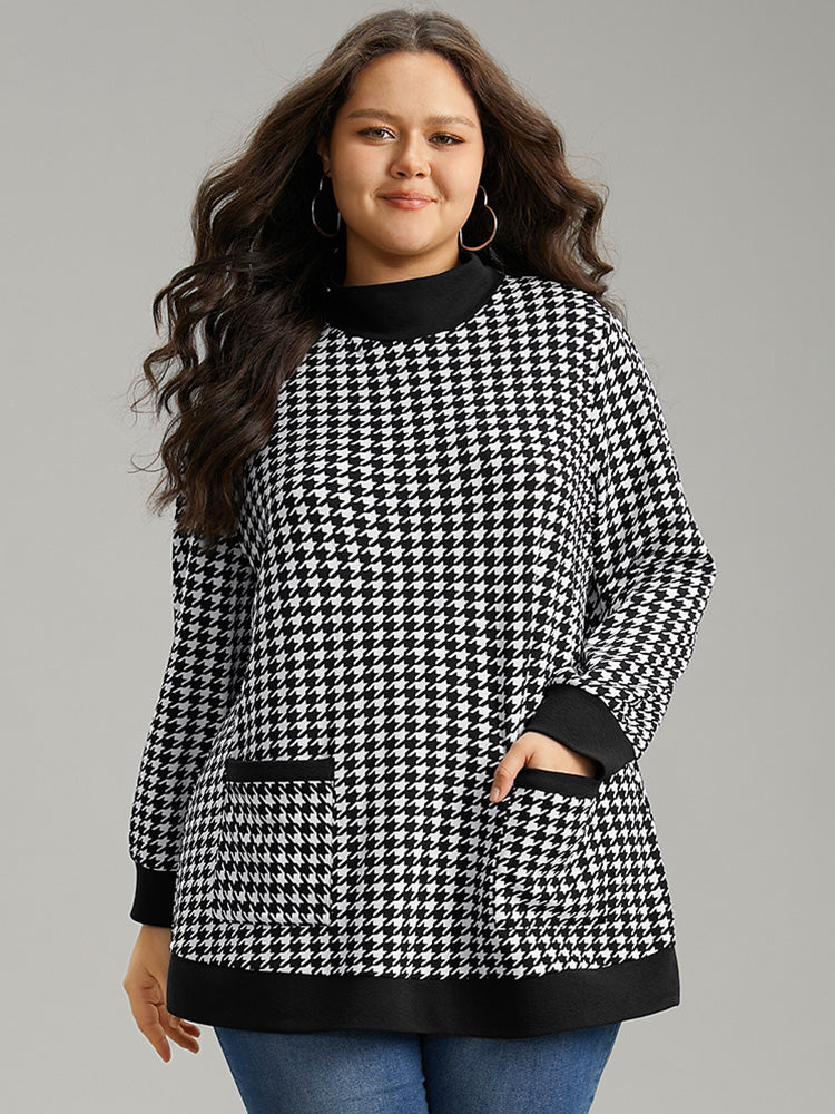 Houndstooth Patched Pocket Mock Neck Sweatshirt