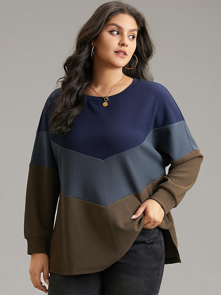 Colorblock Rib Knit Drop Shoulder Sweatshirt