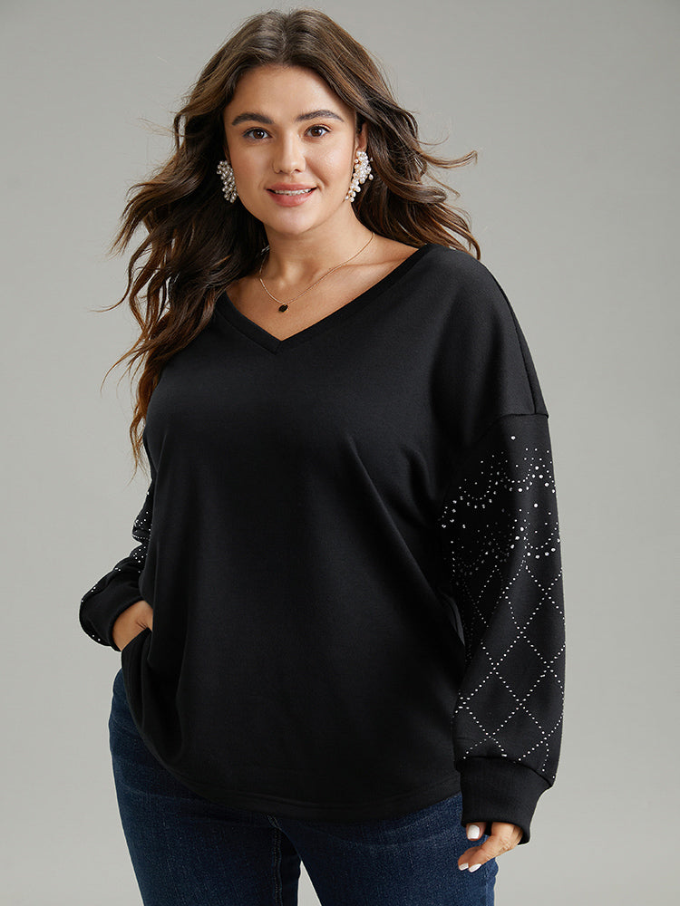 Rhinestone Plain Drop Shoulder Sweatshirt