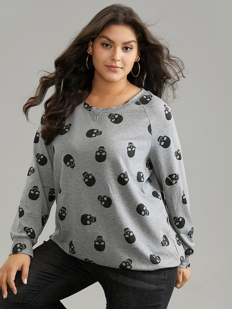 Skull Print Crew Neck Raglan Sleeve Sweatshirt