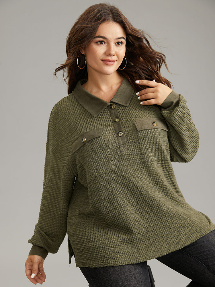 Faux Suede Patchwork Waffle Knit Flap Pocket Sweatshirt