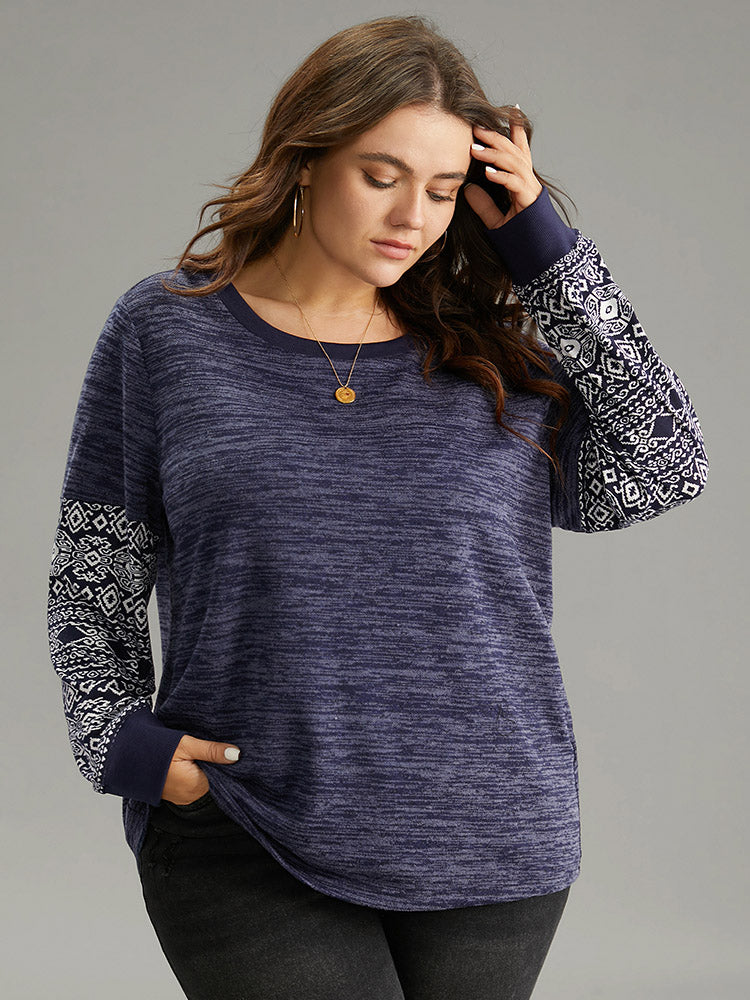 Boho Print Patchwork Heather Rib Knit Sweatshirt