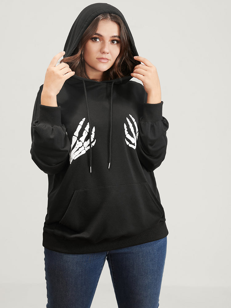 Halloween Skeleton Hand Print Pocket Drawstring Hooded Sweatshirt