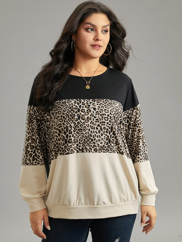 Leopard Contrast Elastic Hem Sweatshirt