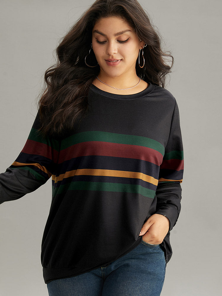 Contrast Striped Basic Crew Neck Sweatshirt