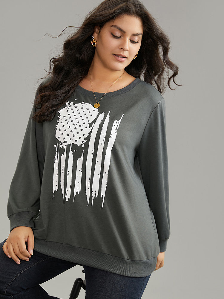 Brush Print Star Round Neck Sweatshirt