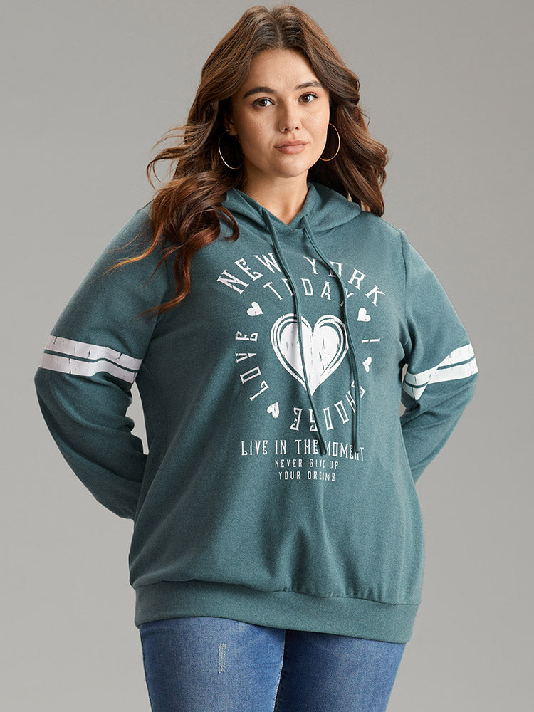 Letter & Heart Print Hooded Drawstring Sweatshirt