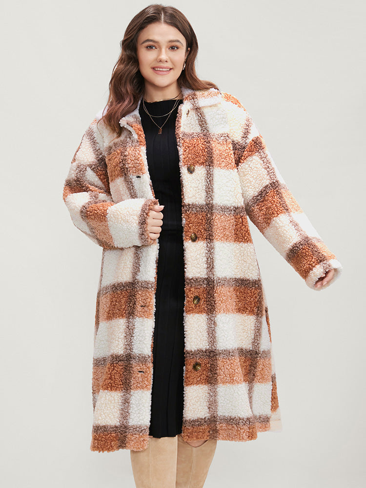 Plaid Pocket Button Up Teddy Coat