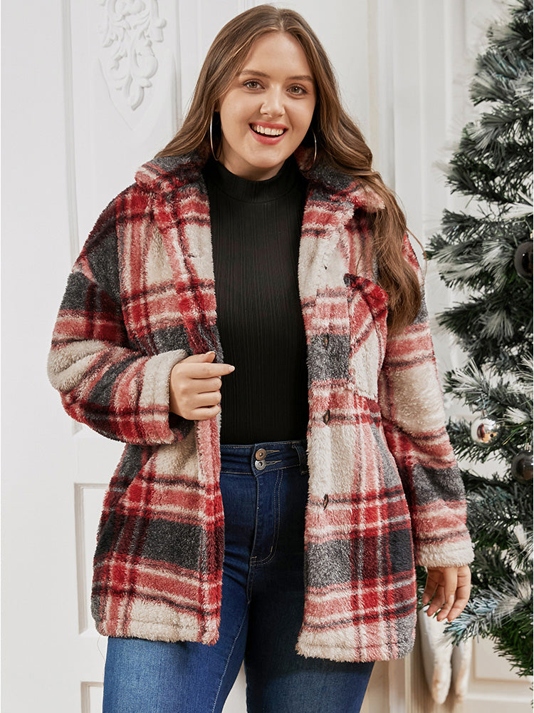 Plaid Button Up Pocket Fuzzy Coat