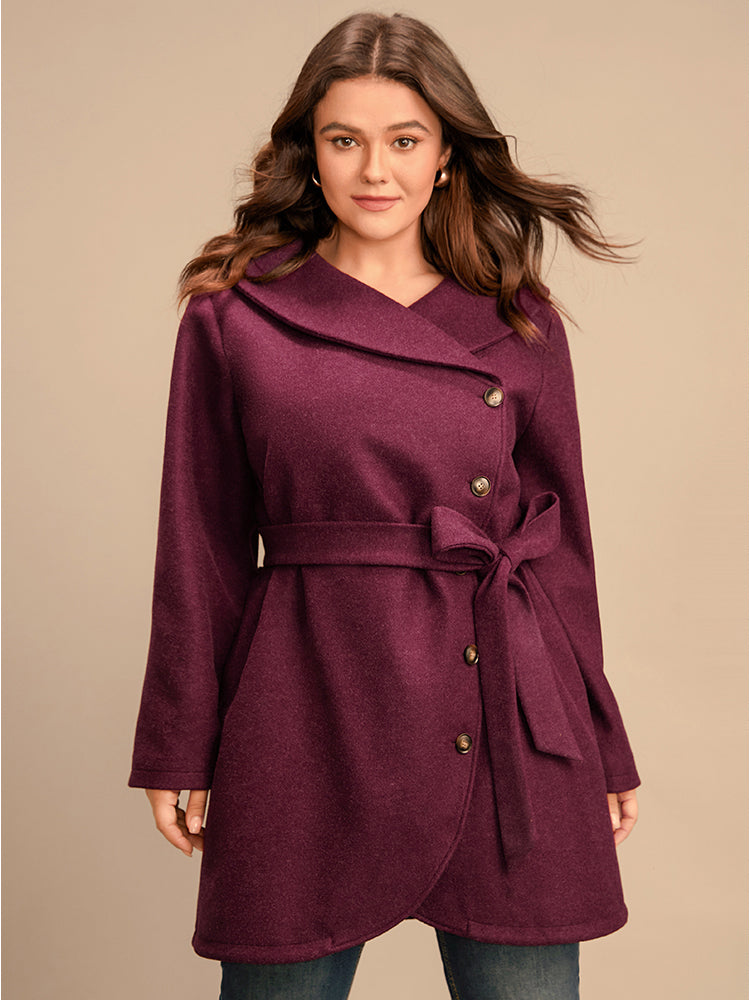 Solid Foldover Collar Pocket Asymmetrical Hem Belted Coat